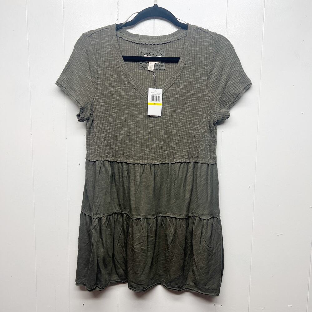 Cupio Girl Short Sleeve Tiered Olive Green Midi Dress Medium Breathable Spandex